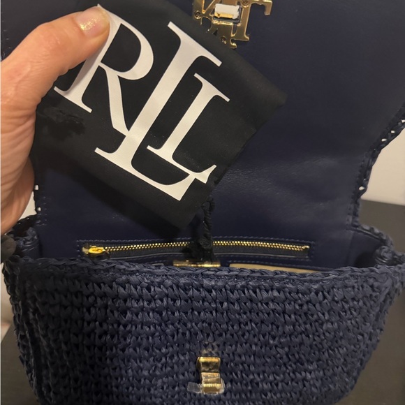 NWT Ralph Lauren Lauren Navy Sophee Woven Shoulder Bag with Gold Chain - Picture 7 of 9
